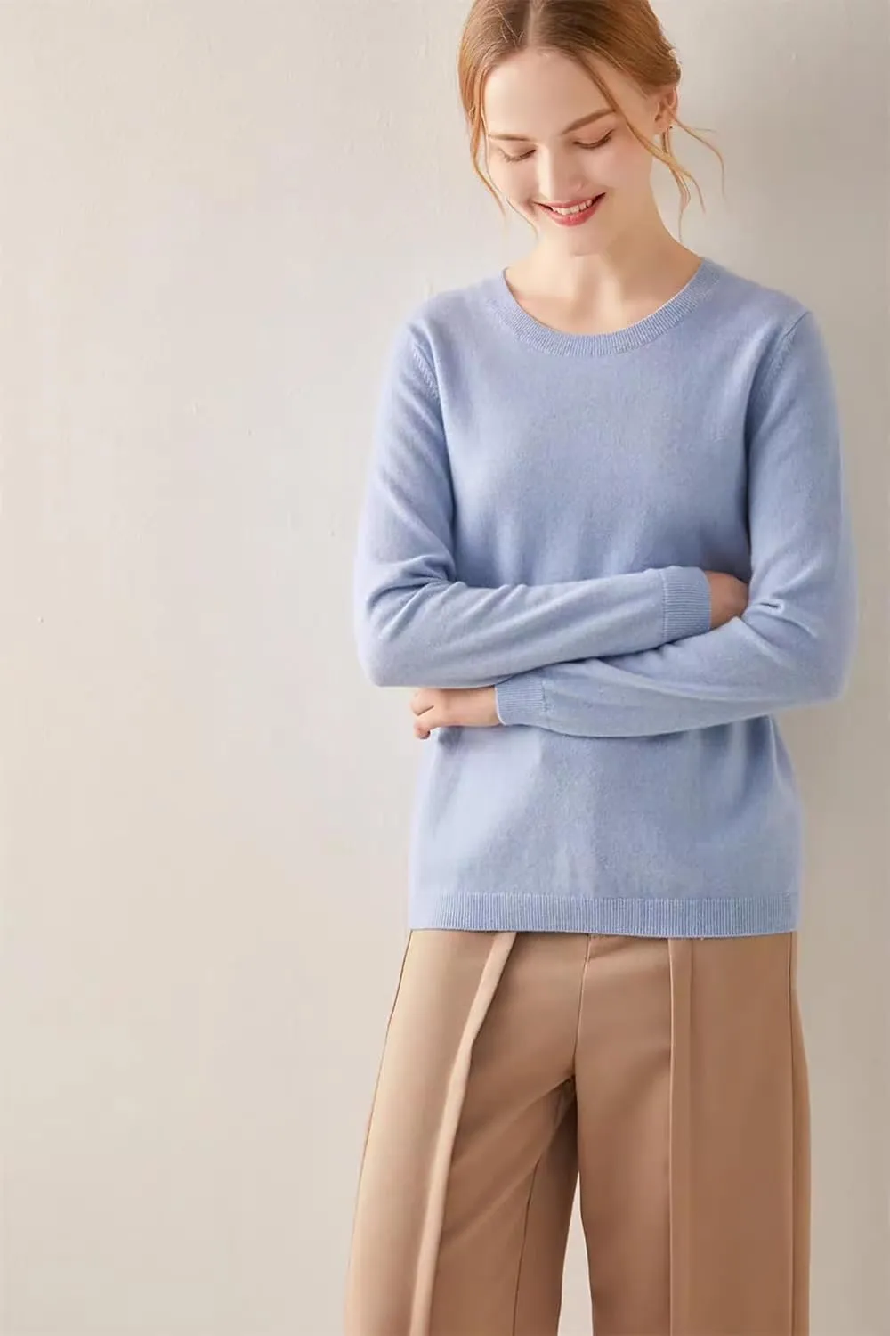 100% Pure Cashmere Crewneck Sweater for Women Long Sleeve Warm Soft Lightweight Knit Pullover