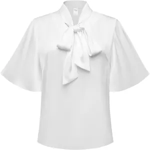 2025 Elegant Summer Women's Bow Collar Ruffle Short Sove Shirt Casual Shirt Top