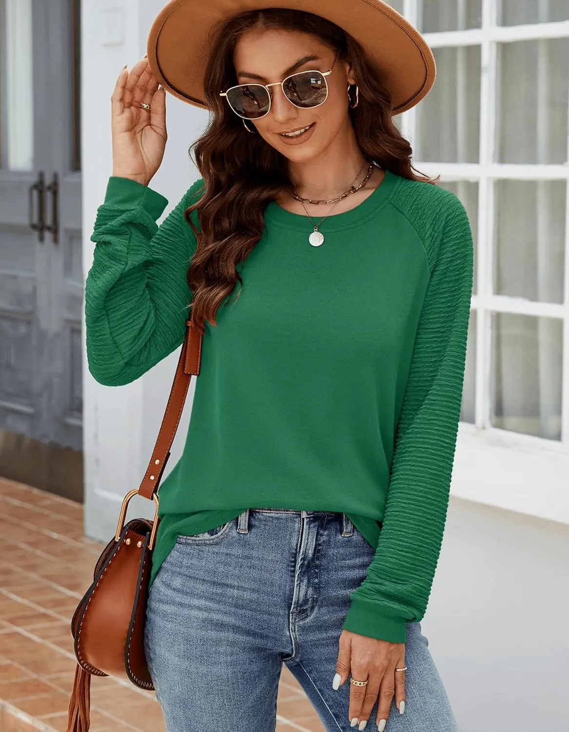 Aifer Womens Long Sleeve Tops Crew Neck Casual Shirts Fashion Loose Fit Trendy Outfits Clothes