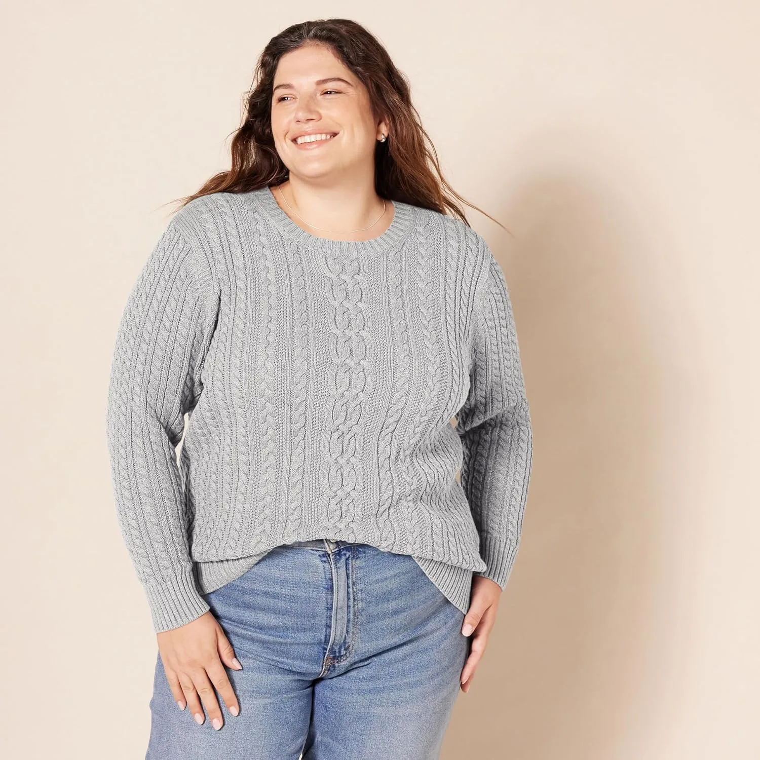 Amazon Essentials Women's Soft Fisherman Cable Long-Sleeve Crewneck Sweater (Available in Plus Size)