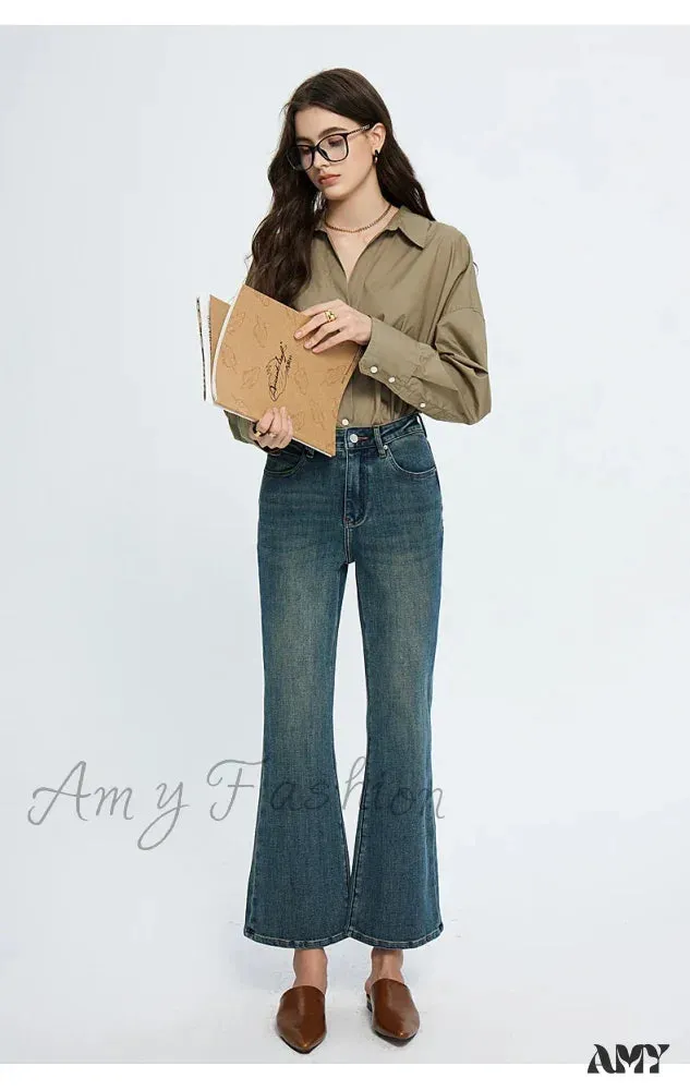 Amy Fashion - High Waisted Flare Skinny Strench Vintage Streetwear Denim 2024 Korean Fashion New Jean