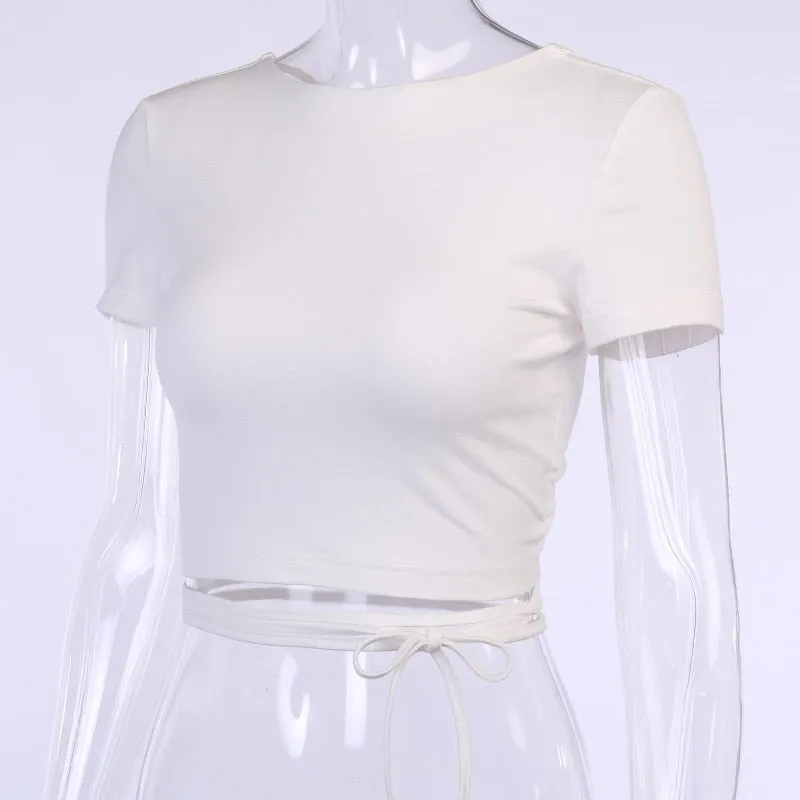 Backless t shirt crop top summer short sleeve lace up criss cross party club streetwear T shirt slim tops