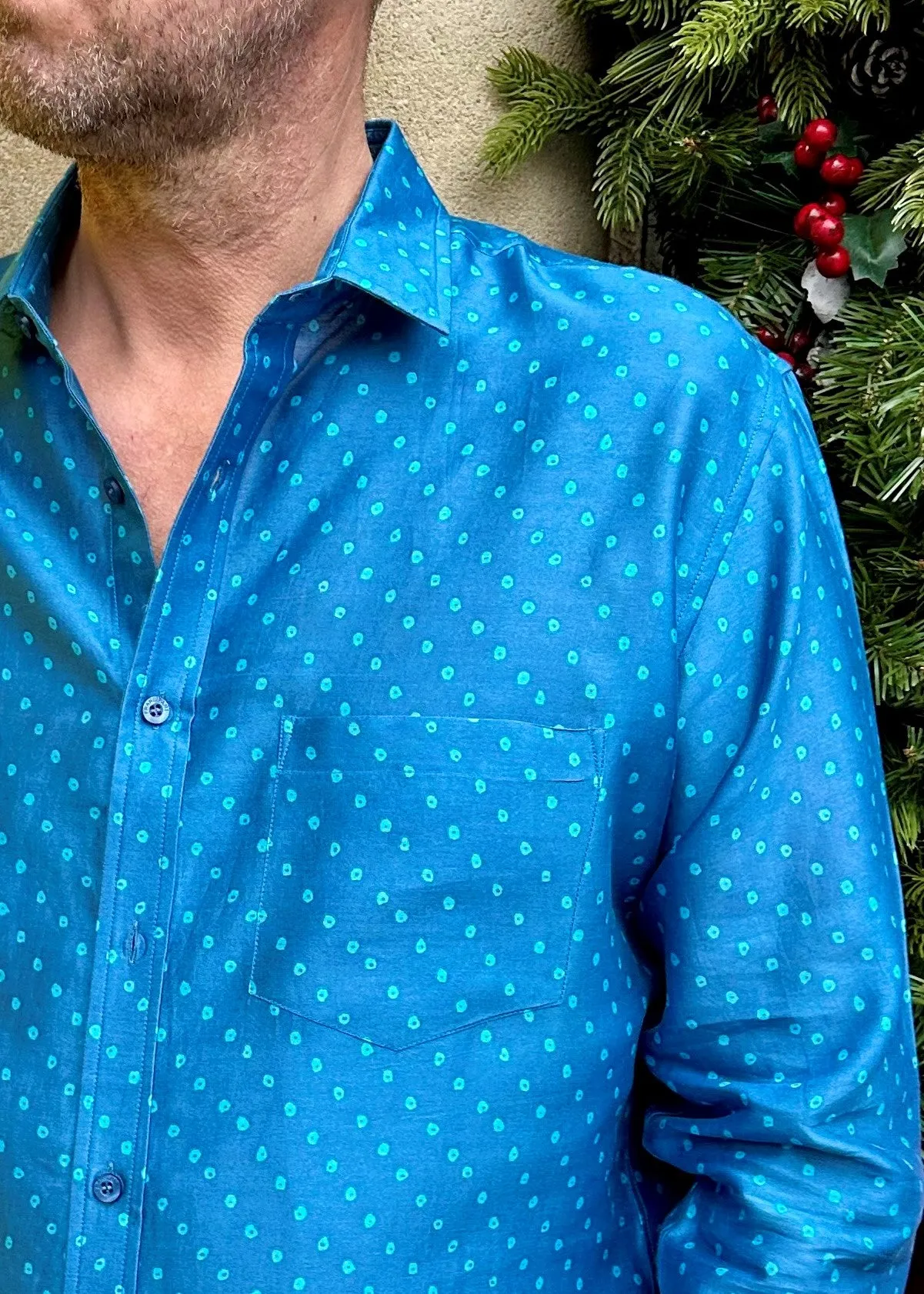 Bandhani Dot Mens' Silk Cotton Shirt in Blue