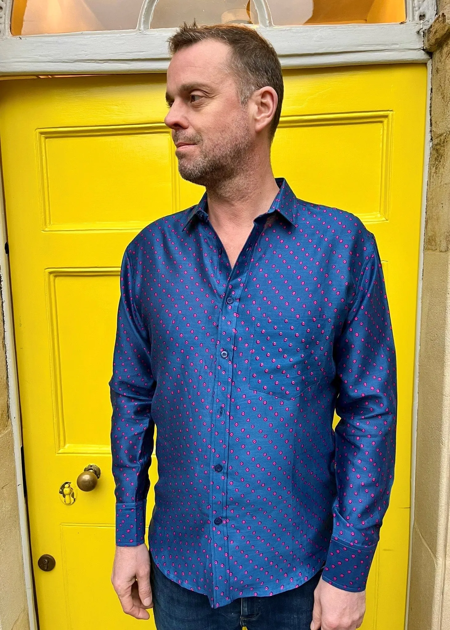 Bandhani Dot Mens' Silk Cotton Shirt in Navy