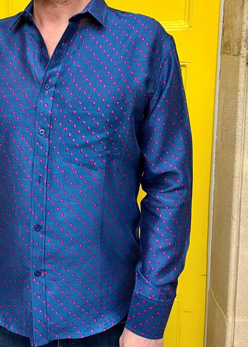 Bandhani Dot Mens' Silk Cotton Shirt in Navy