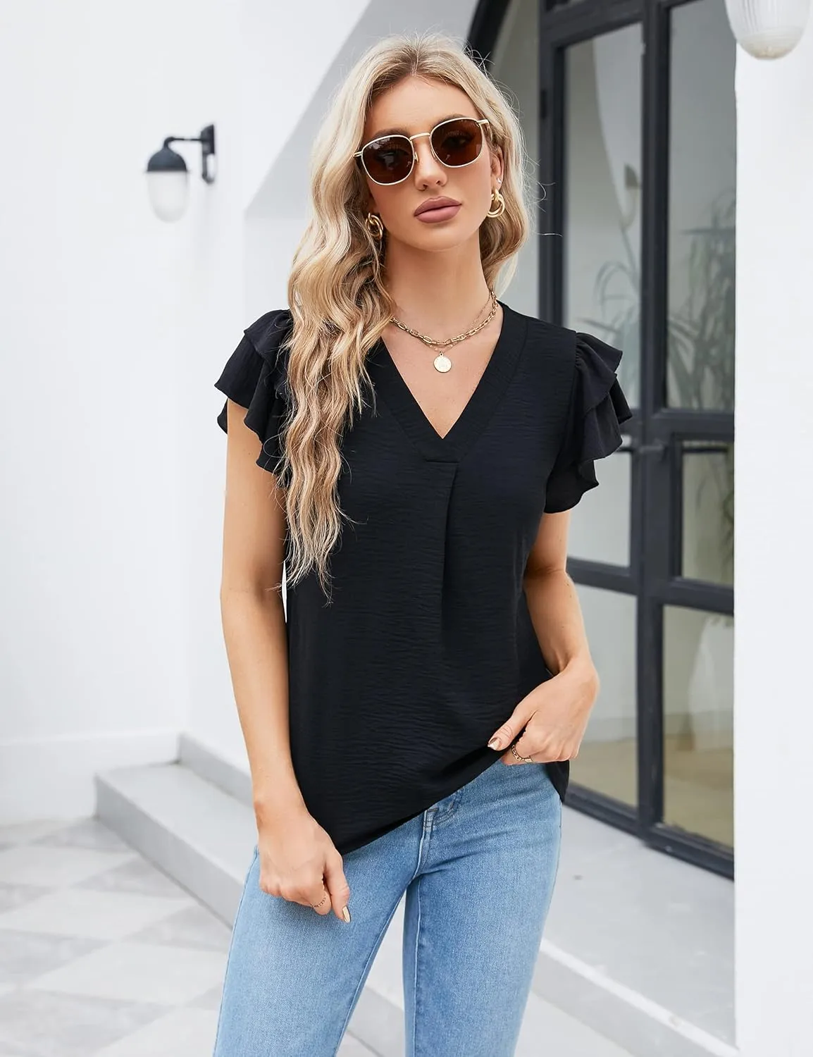Blooming Jelly Womens Dressy Casual Shirts Short Sleeve V Neck Work Blouse Business Casual Summer Tops 2025