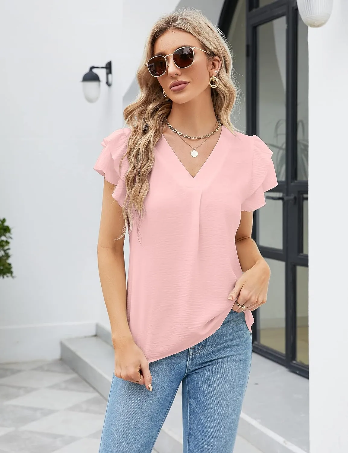 Blooming Jelly Womens Dressy Casual Shirts Short Sleeve V Neck Work Blouse Business Casual Summer Tops 2025