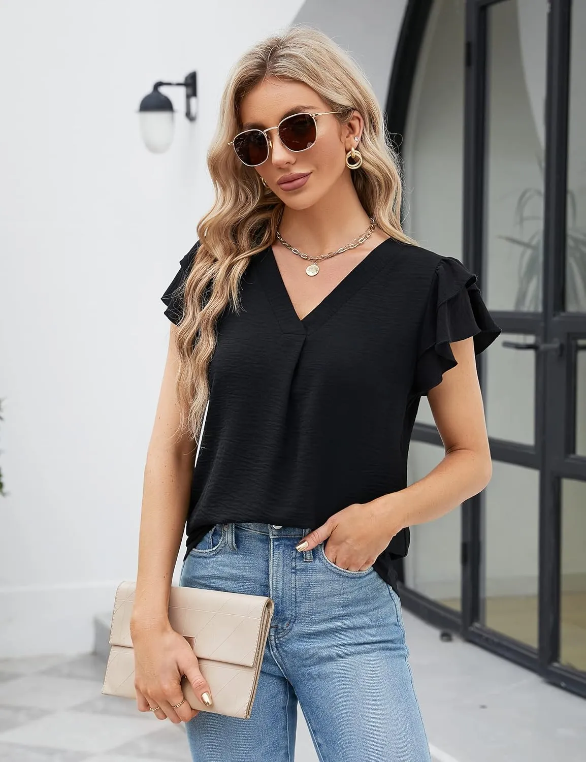 Blooming Jelly Womens Dressy Casual Shirts Short Sleeve V Neck Work Blouse Business Casual Summer Tops 2025