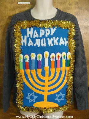 Blue Grey Happy Hanukkah Sweater