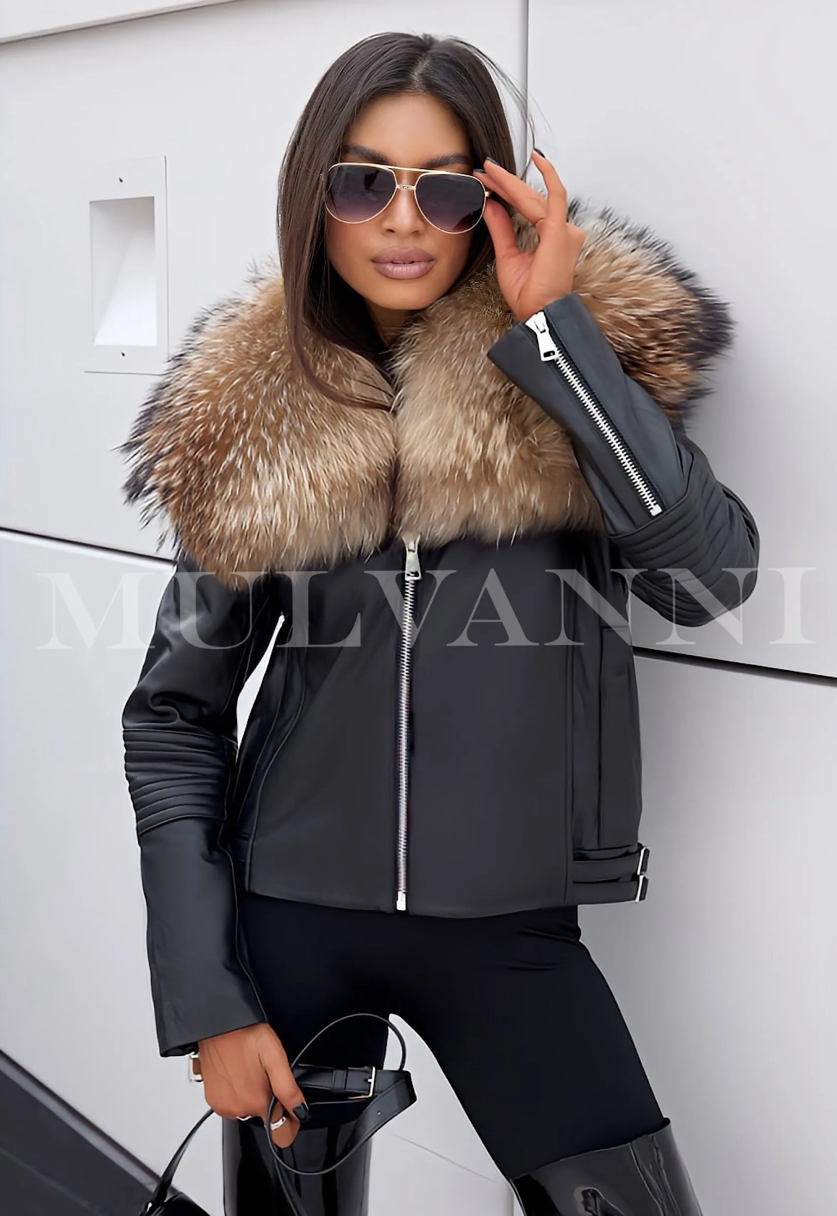 CHARLENE Leather Jacket with Fur Collar