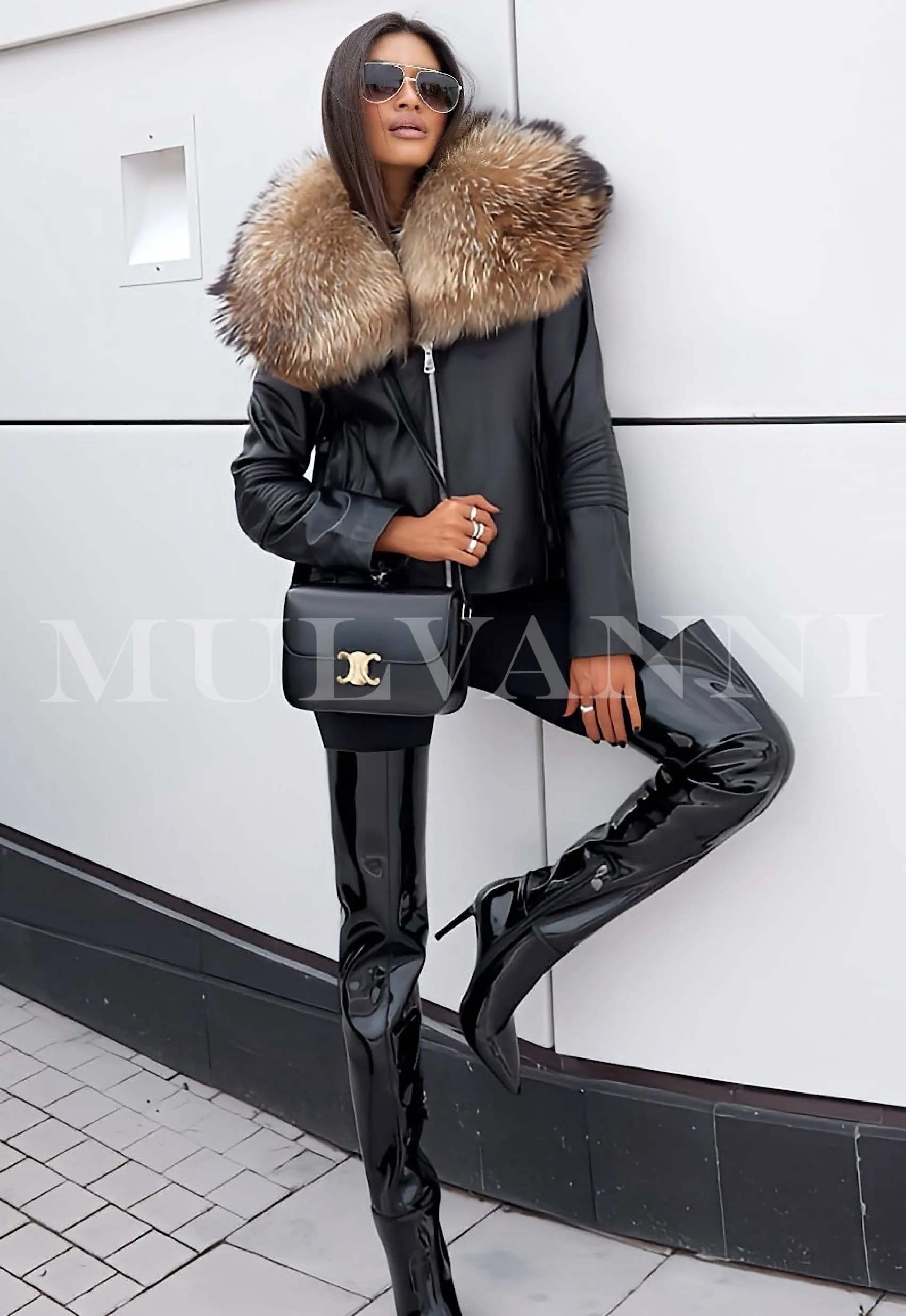 CHARLENE Leather Jacket with Fur Collar