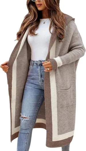 CHARTOU Hooded Long Knit Cardigan for Women Blcoked Color Long Sweatshirt Jacket Sweater