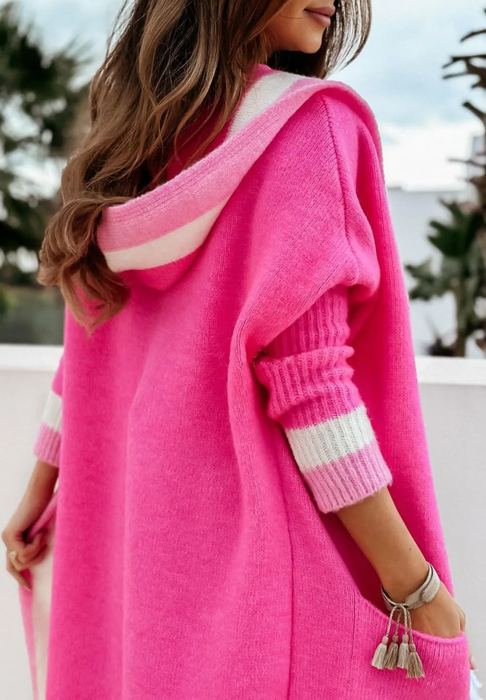 CHARTOU Hooded Long Knit Cardigan for Women Blcoked Color Long Sweatshirt Jacket Sweater
