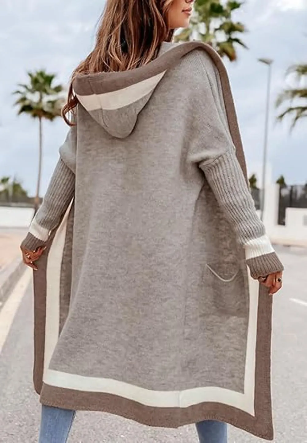 CHARTOU Hooded Long Knit Cardigan for Women Blcoked Color Long Sweatshirt Jacket Sweater