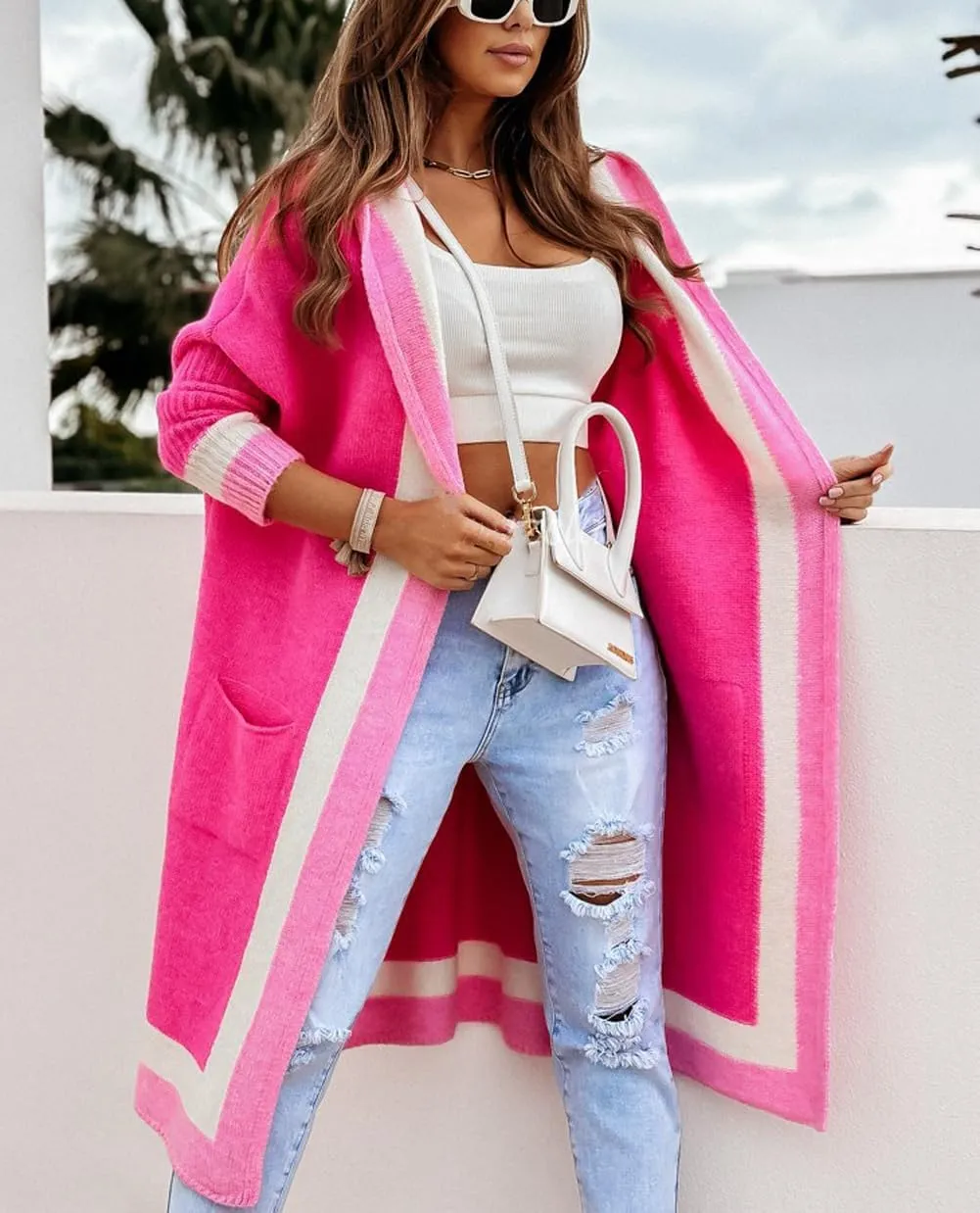 CHARTOU Hooded Long Knit Cardigan for Women Blcoked Color Long Sweatshirt Jacket Sweater