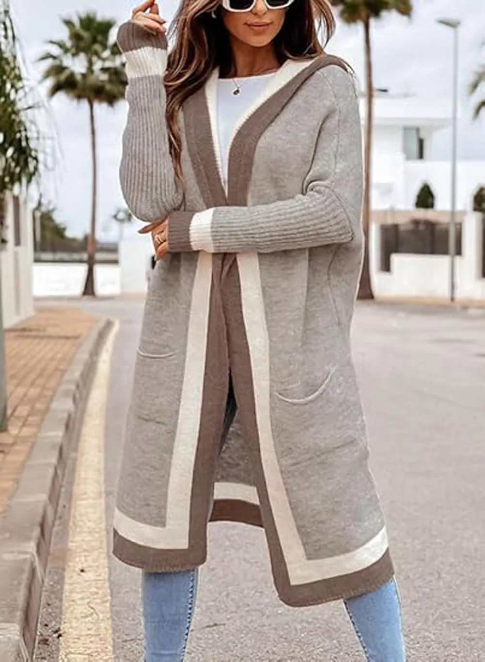 CHARTOU Hooded Long Knit Cardigan for Women Blcoked Color Long Sweatshirt Jacket Sweater
