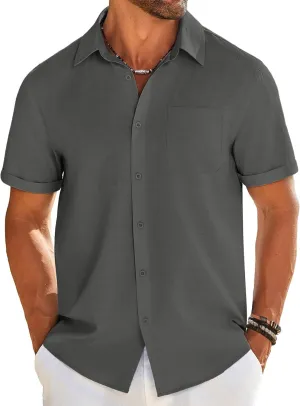 COOFANDY Mens Casual Linen Shirt Short Sleeve Button Down Shirt Summer Beach Shirts with Pocket