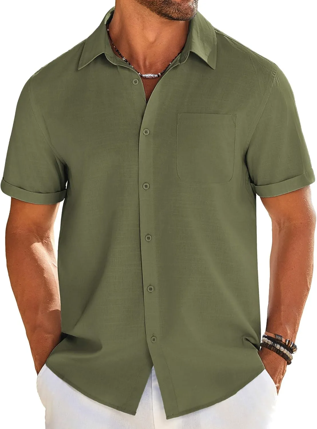 COOFANDY Mens Casual Linen Shirt Short Sleeve Button Down Shirt Summer Beach Shirts with Pocket