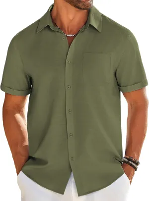 COOFANDY Mens Casual Linen Shirt Short Sleeve Button Down Shirt Summer Beach Shirts with Pocket