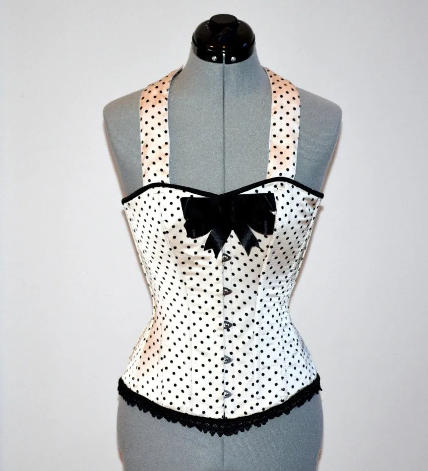 Cute pinup polka dot satin custom made corset with bow. Steel-boned overbust corset for tight lacing with strap