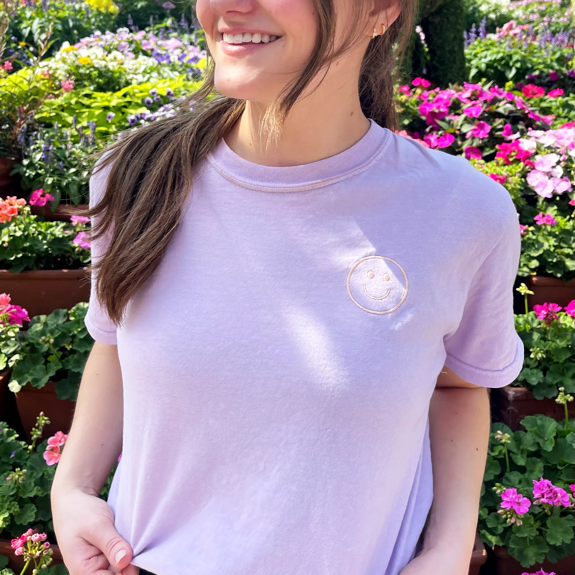 Embroidered Smiley Face Comfort Colors T-Shirt