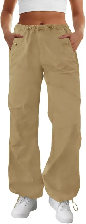 FireSwan Women's Parachute Pants Baggy Cargo Pants Wide Leg Y2K Pants with 4 Pockets Outdoor Travel Casual Hiking