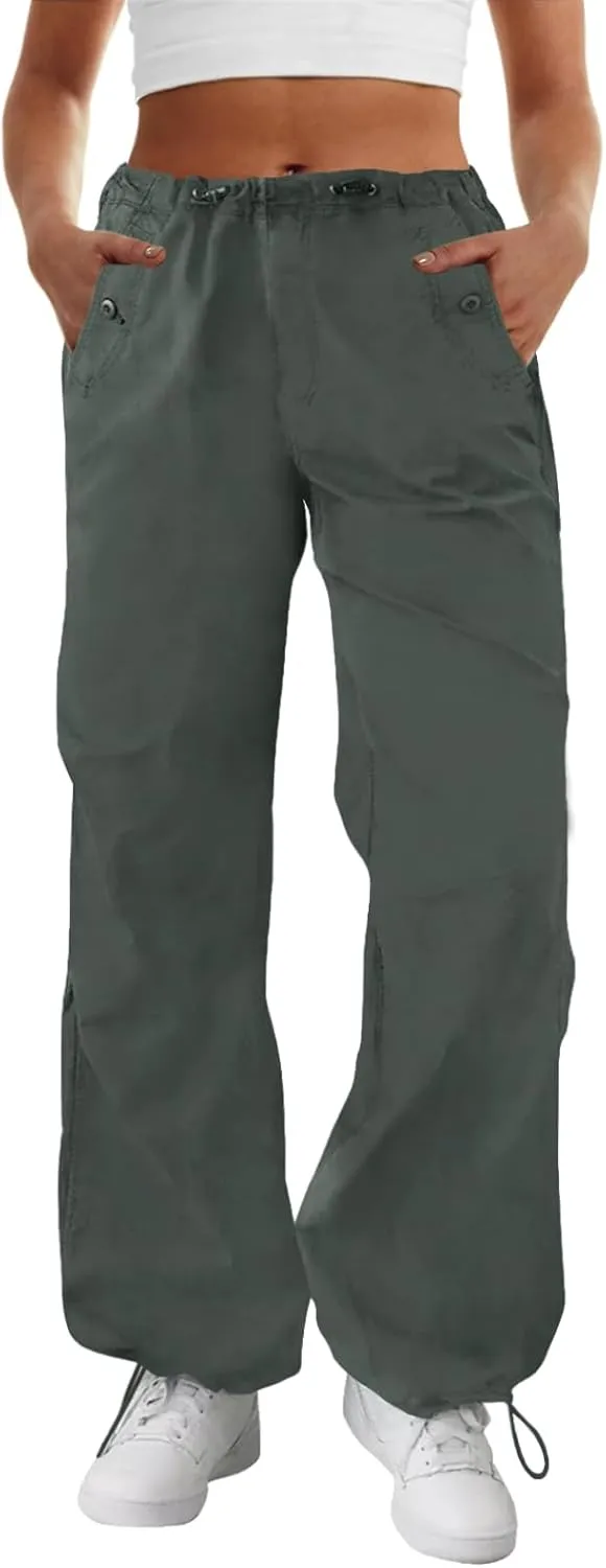 FireSwan Women's Parachute Pants Baggy Cargo Pants Wide Leg Y2K Pants with 4 Pockets Outdoor Travel Casual Hiking
