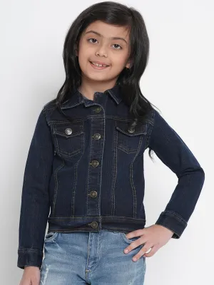 Girl's Navy Blue Denim Solid Jacket Top  - NOZ2TOZ KIDS