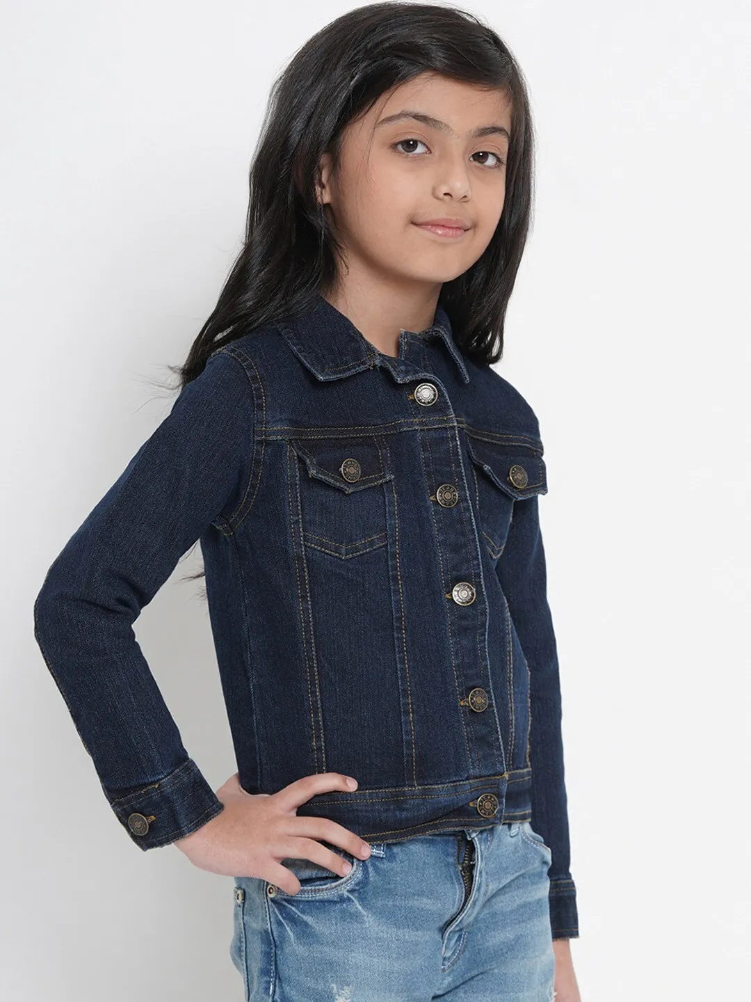 Girl's Navy Blue Denim Solid Jacket Top  - NOZ2TOZ KIDS