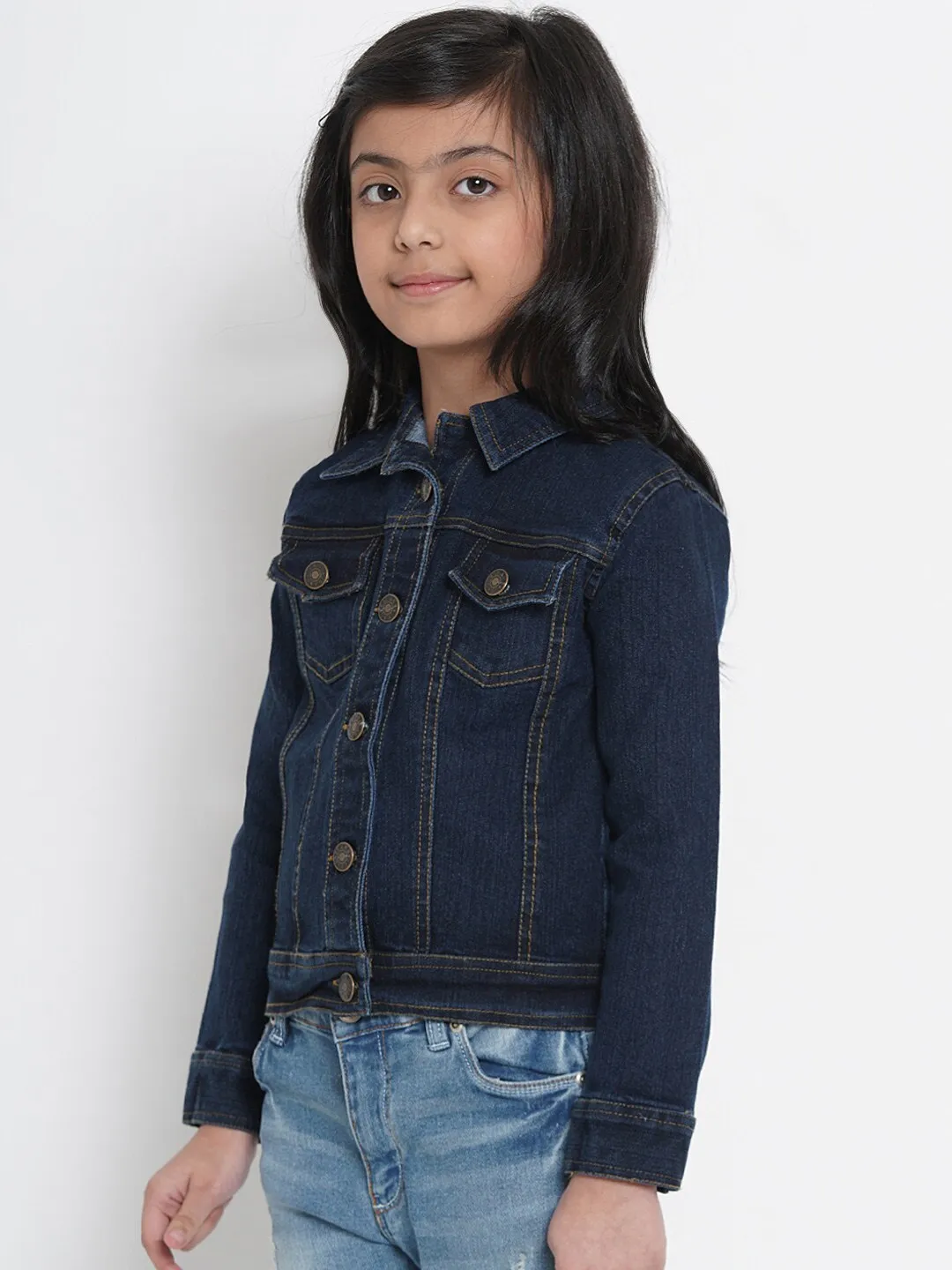 Girl's Navy Blue Denim Solid Jacket Top  - NOZ2TOZ KIDS