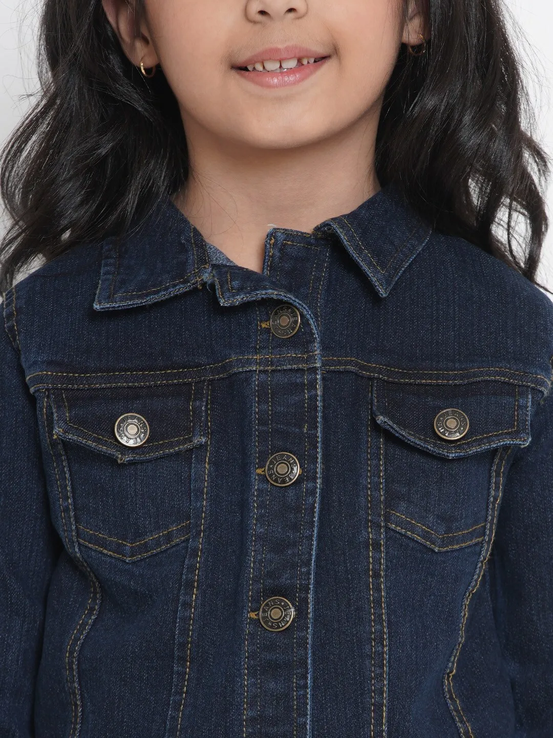 Girl's Navy Blue Denim Solid Jacket Top  - NOZ2TOZ KIDS