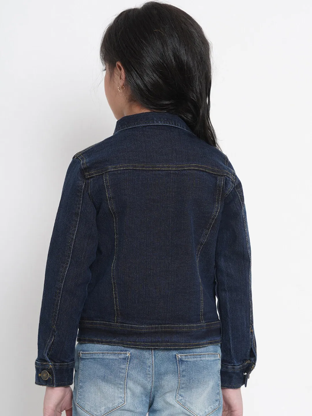Girl's Navy Blue Denim Solid Jacket Top  - NOZ2TOZ KIDS