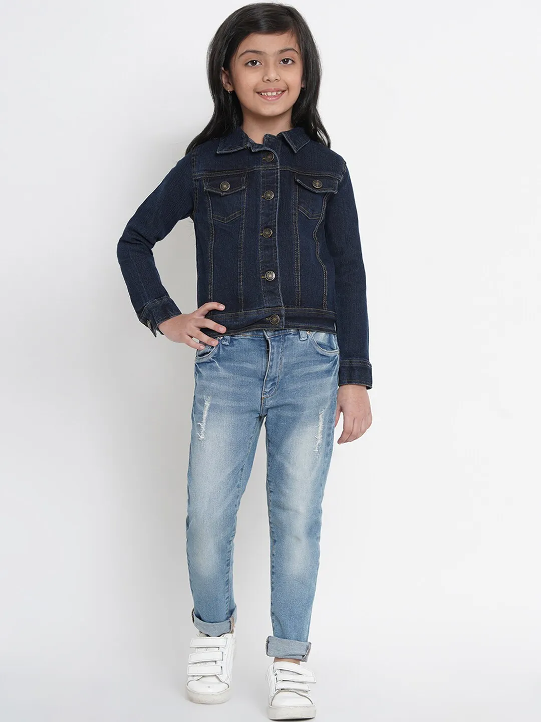 Girl's Navy Blue Denim Solid Jacket Top  - NOZ2TOZ KIDS