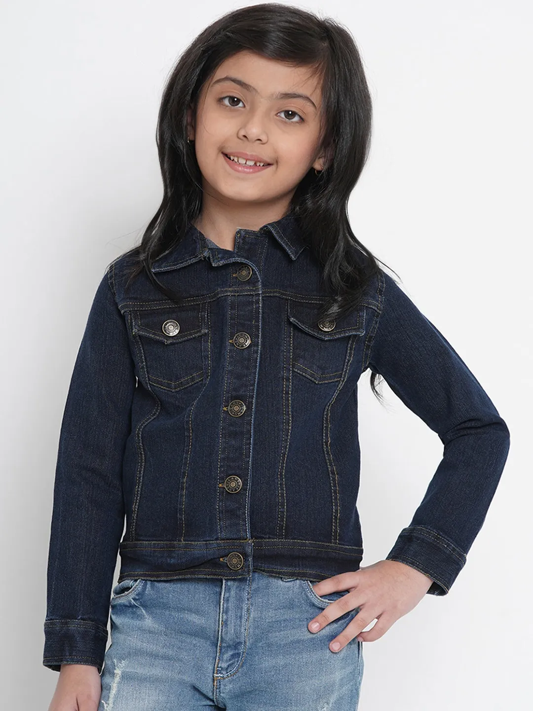 Girl's Navy Blue Denim Solid Jacket Top  - NOZ2TOZ KIDS