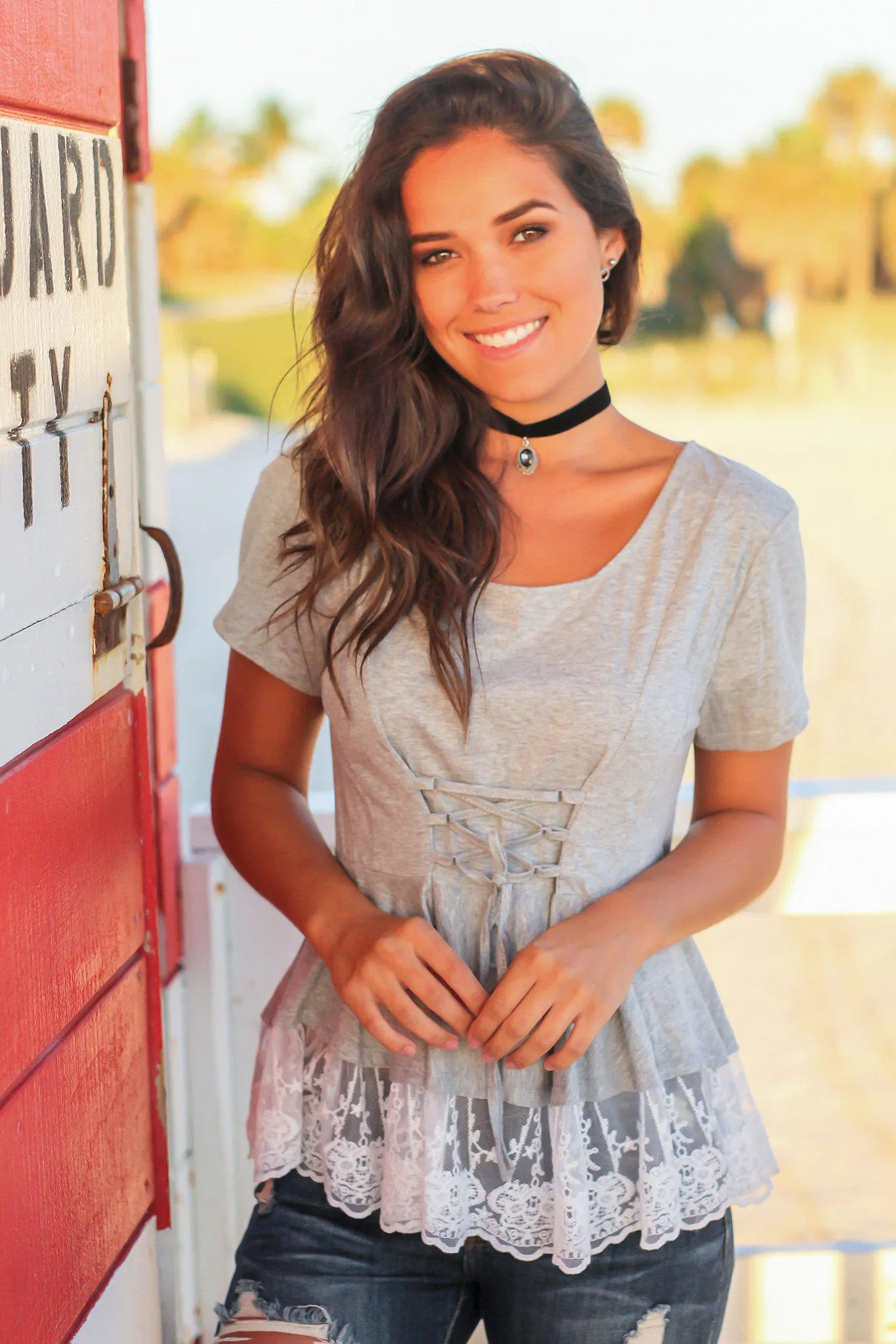 Heather Gray Top with Lace Trim and Corset Waist