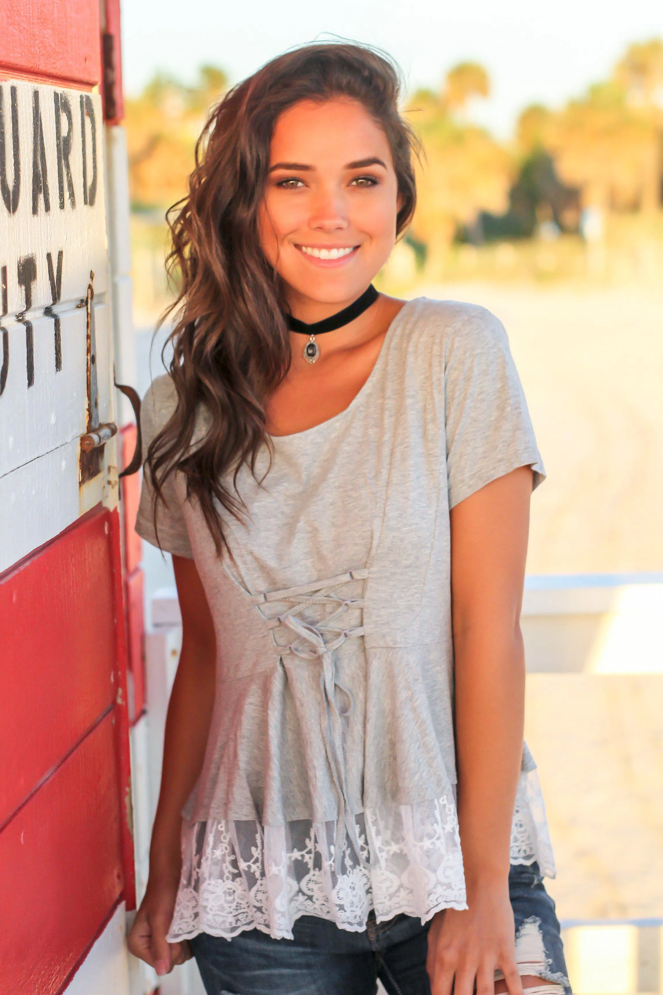 Heather Gray Top with Lace Trim and Corset Waist