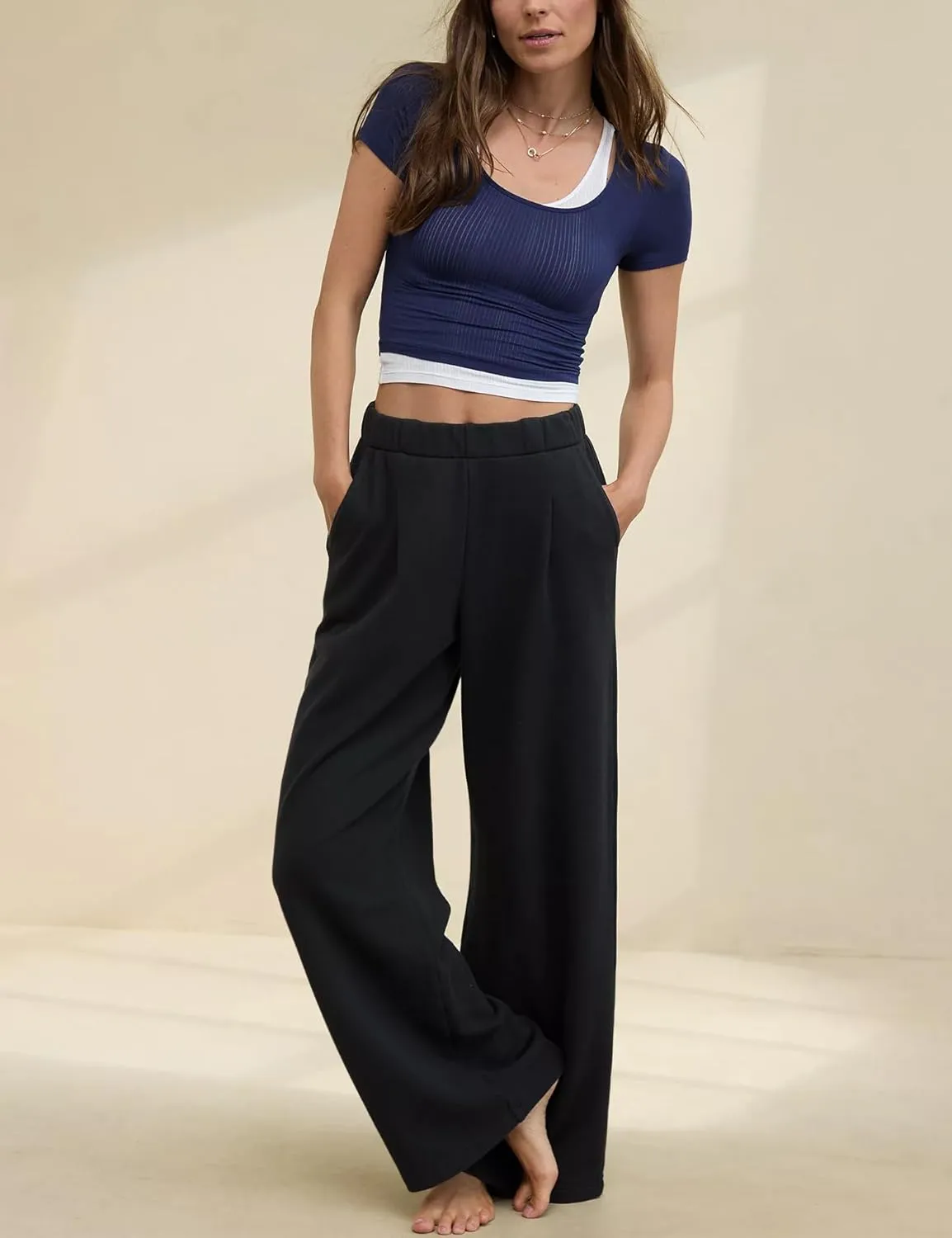 HeSaYep Women's Wide Leg Sweatpants Baggy Straight Leg Sweat Pants Elastic High Waisted Loose Pants with Pockets