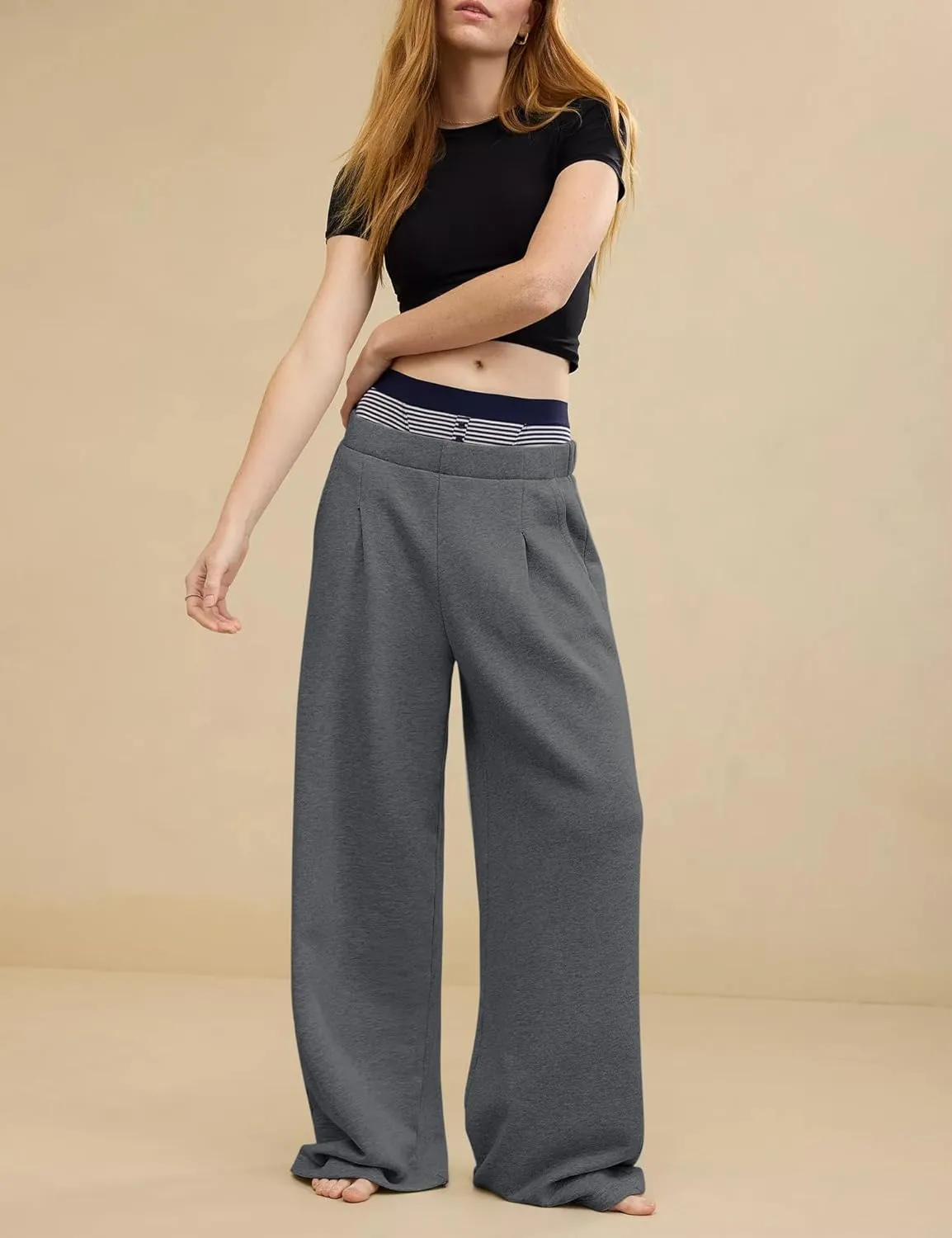 HeSaYep Women's Wide Leg Sweatpants Baggy Straight Leg Sweat Pants Elastic High Waisted Loose Pants with Pockets