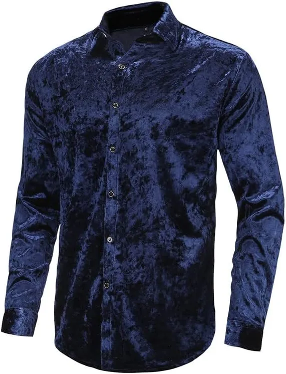 KISSQIQI Mens Dress Shirts Velvet Long Sleeve Shirts Casual Button Down Solid Slim Fit Muscle Shirt for Wedding Party