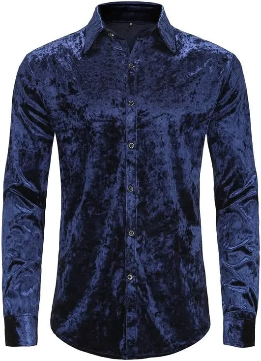 KISSQIQI Mens Dress Shirts Velvet Long Sleeve Shirts Casual Button Down Solid Slim Fit Muscle Shirt for Wedding Party
