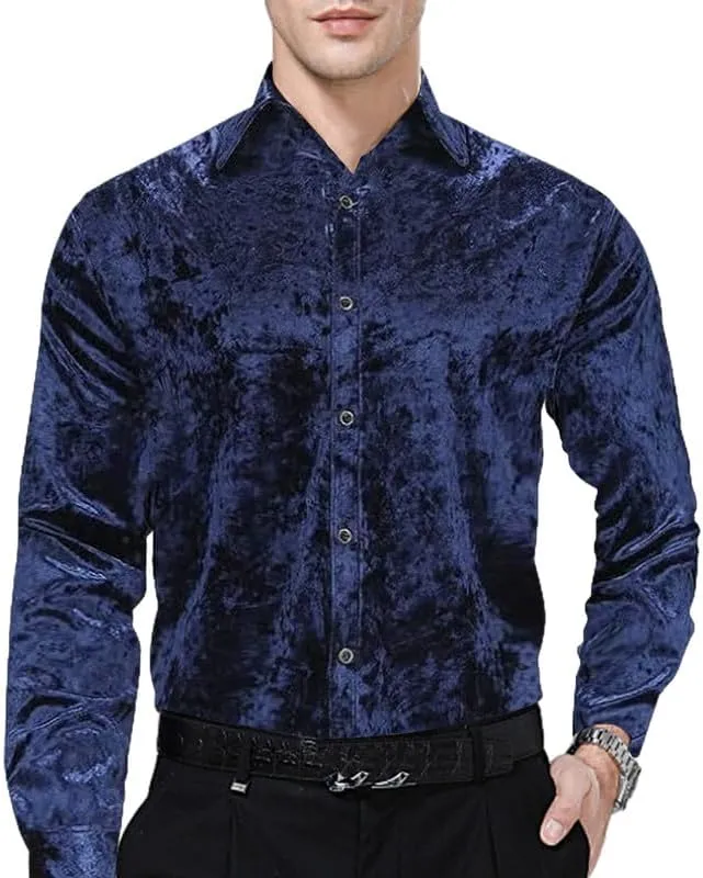 KISSQIQI Mens Dress Shirts Velvet Long Sleeve Shirts Casual Button Down Solid Slim Fit Muscle Shirt for Wedding Party