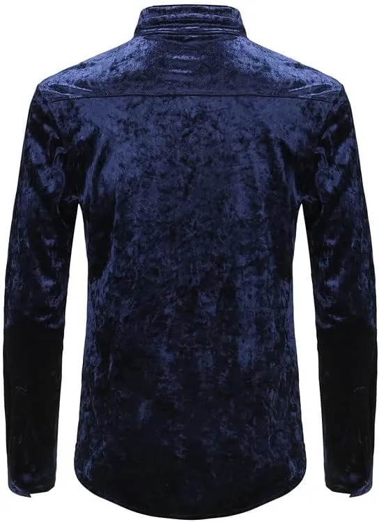 KISSQIQI Mens Dress Shirts Velvet Long Sleeve Shirts Casual Button Down Solid Slim Fit Muscle Shirt for Wedding Party