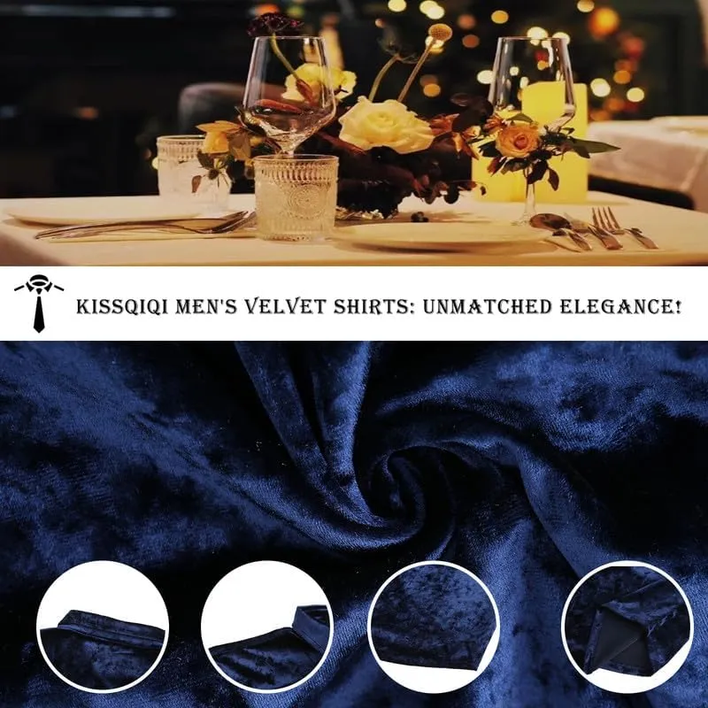 KISSQIQI Mens Dress Shirts Velvet Long Sleeve Shirts Casual Button Down Solid Slim Fit Muscle Shirt for Wedding Party