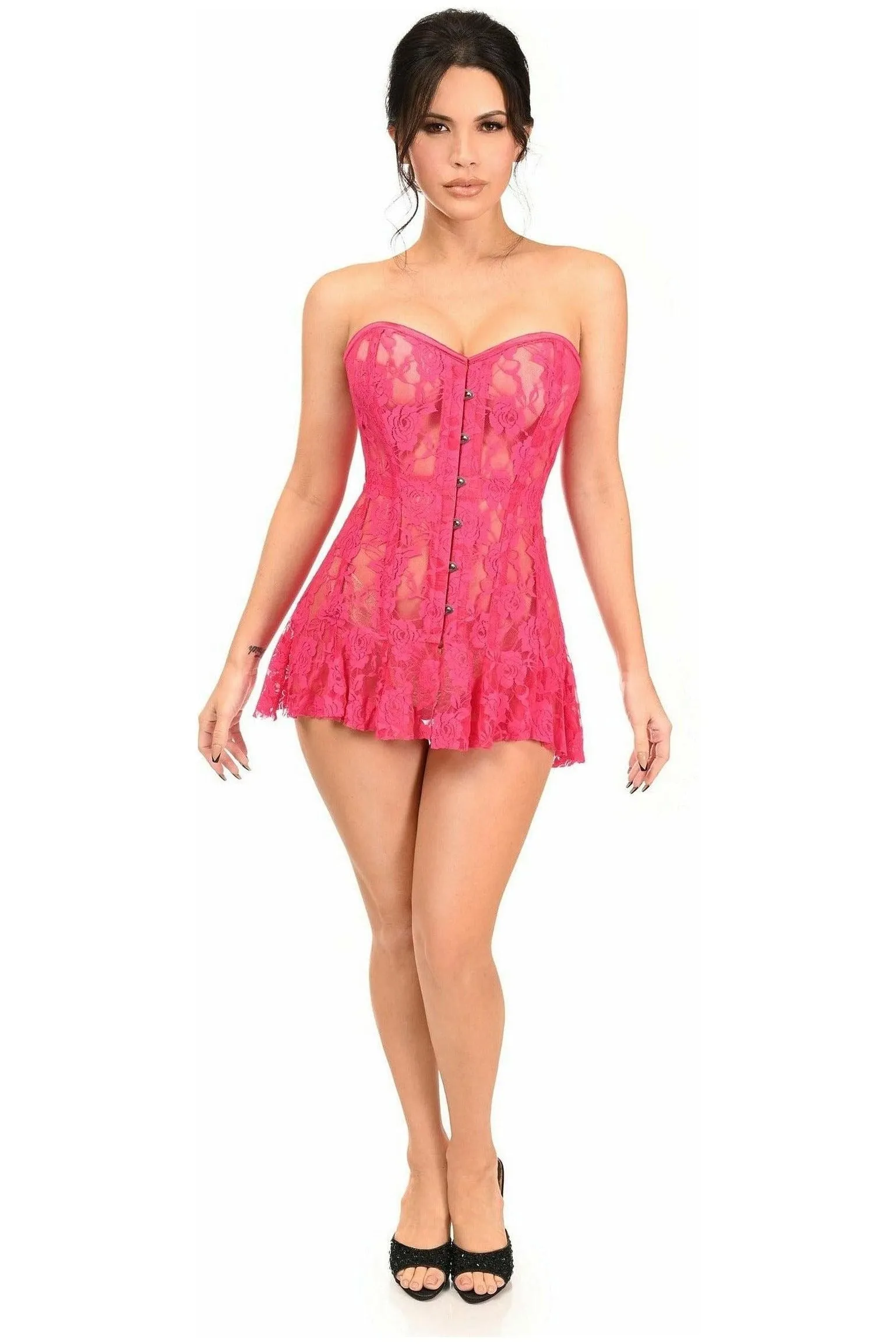 Lavish Fuchsia Sheer Lace Corset Dress