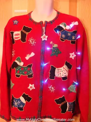 Light Up Ugly Xmas Sweater Scottie Puppy Dogs in Festive Clothes