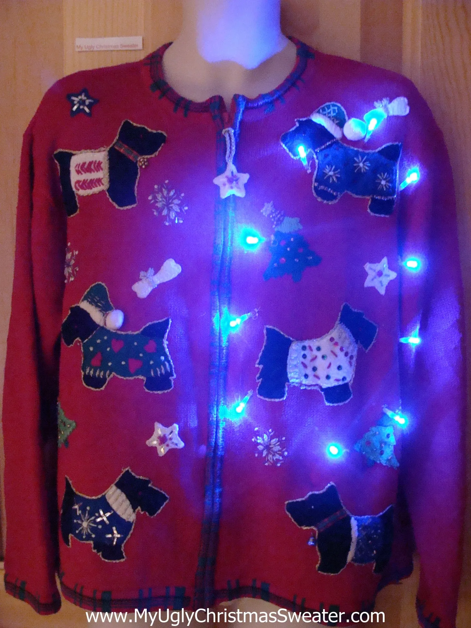 Light Up Ugly Xmas Sweater Scottie Puppy Dogs in Festive Clothes