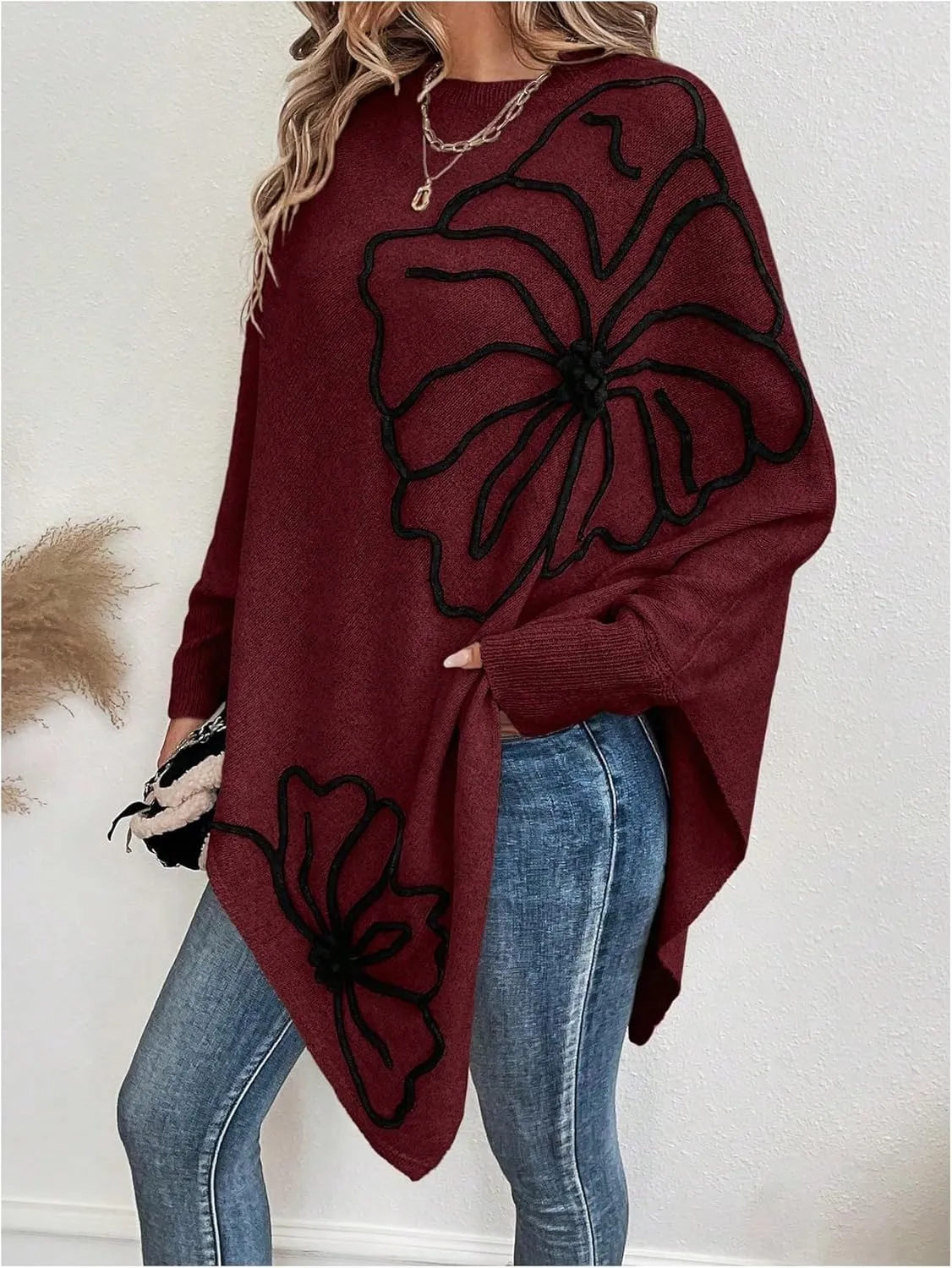 MakeMeChic Women's Fall Sweater Asymmetrical Hem Knit Poncho Sweater