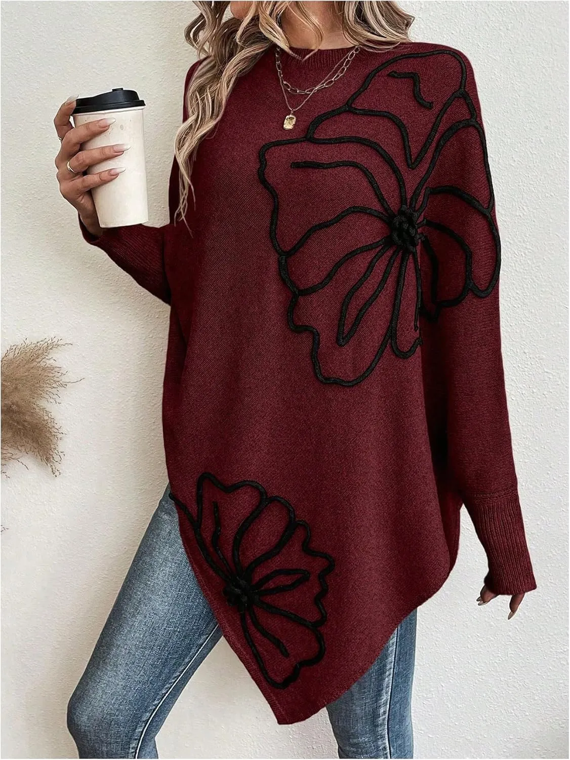 MakeMeChic Women's Fall Sweater Asymmetrical Hem Knit Poncho Sweater