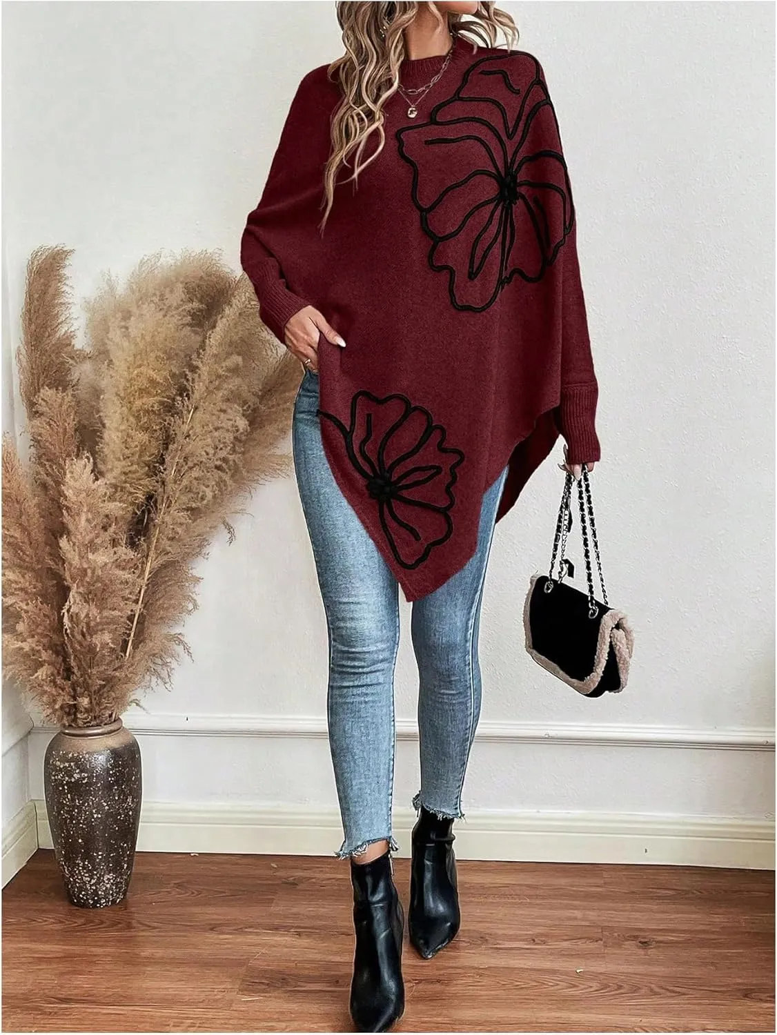 MakeMeChic Women's Fall Sweater Asymmetrical Hem Knit Poncho Sweater
