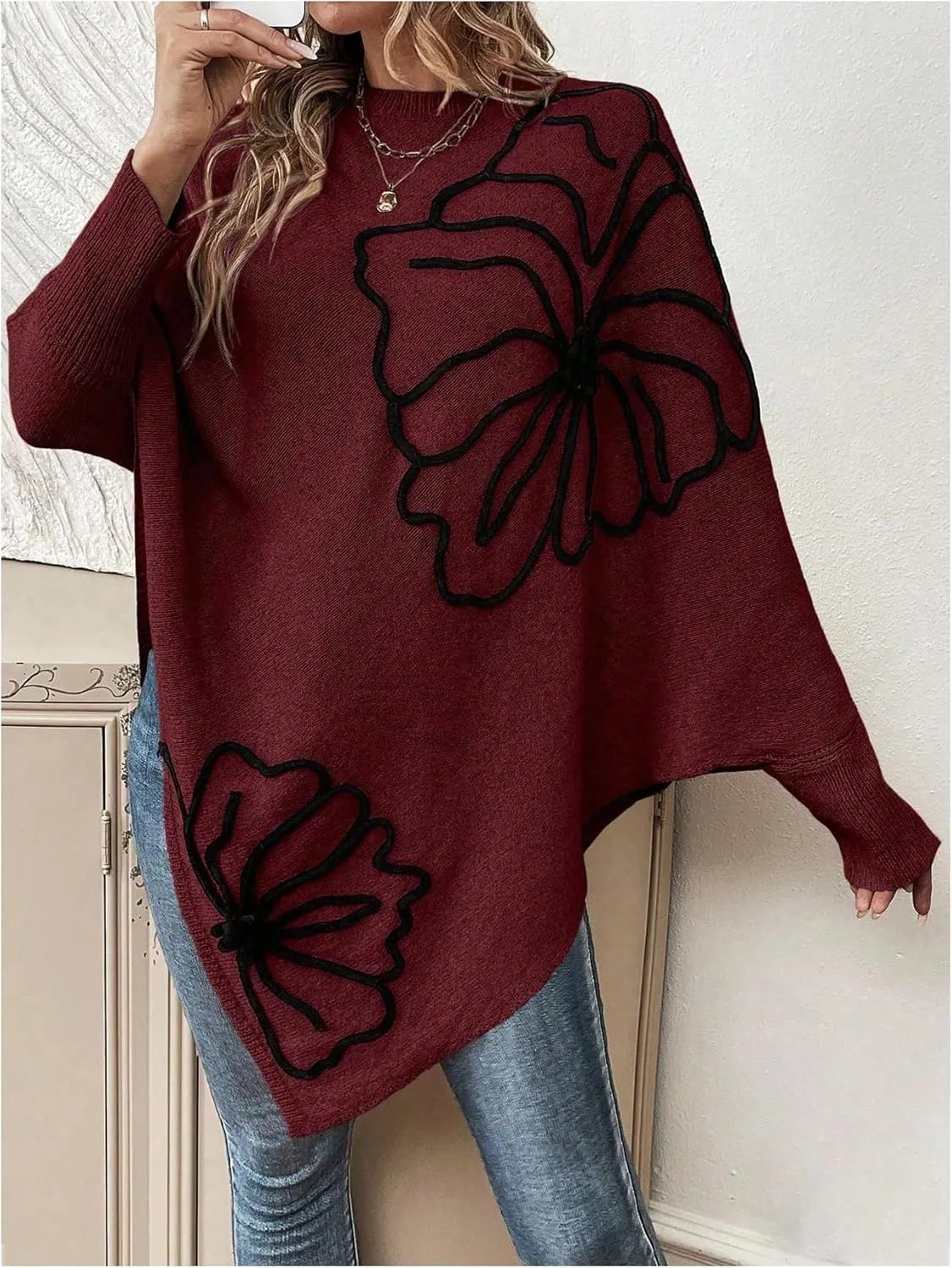 MakeMeChic Women's Fall Sweater Asymmetrical Hem Knit Poncho Sweater